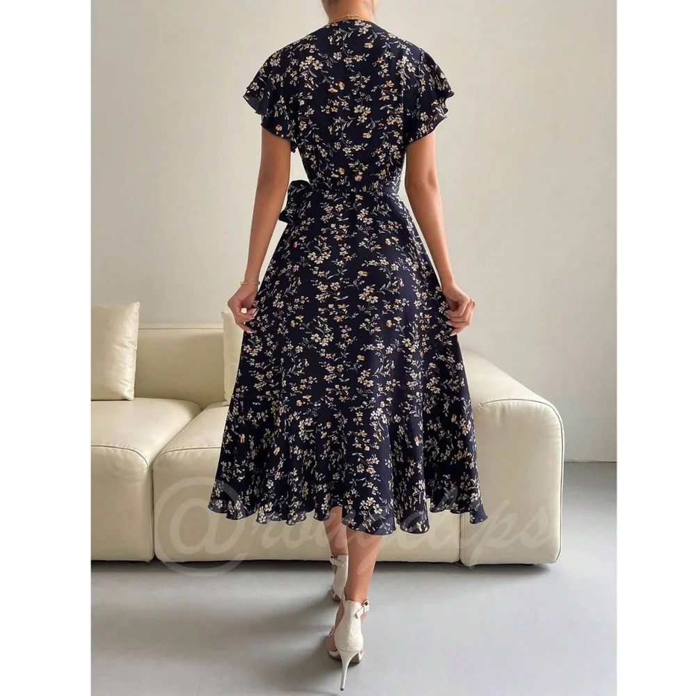 Boho Navy Blue Floral V neck Ruffle Hem Midi Length, A Line Wrap Style - Picture 5 of 10